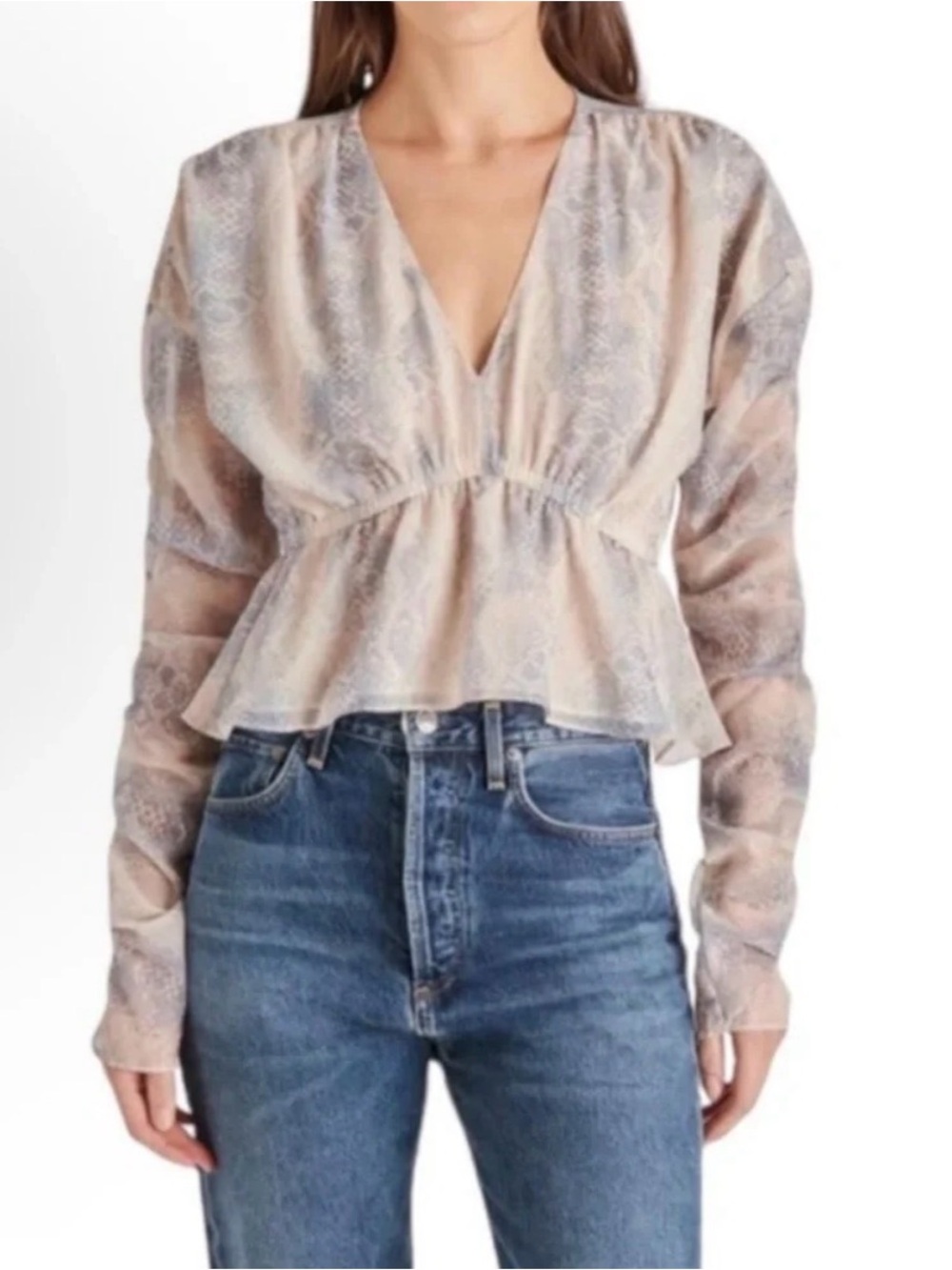 Steve Madden Snake Printed Peplum V-Neck Blouse